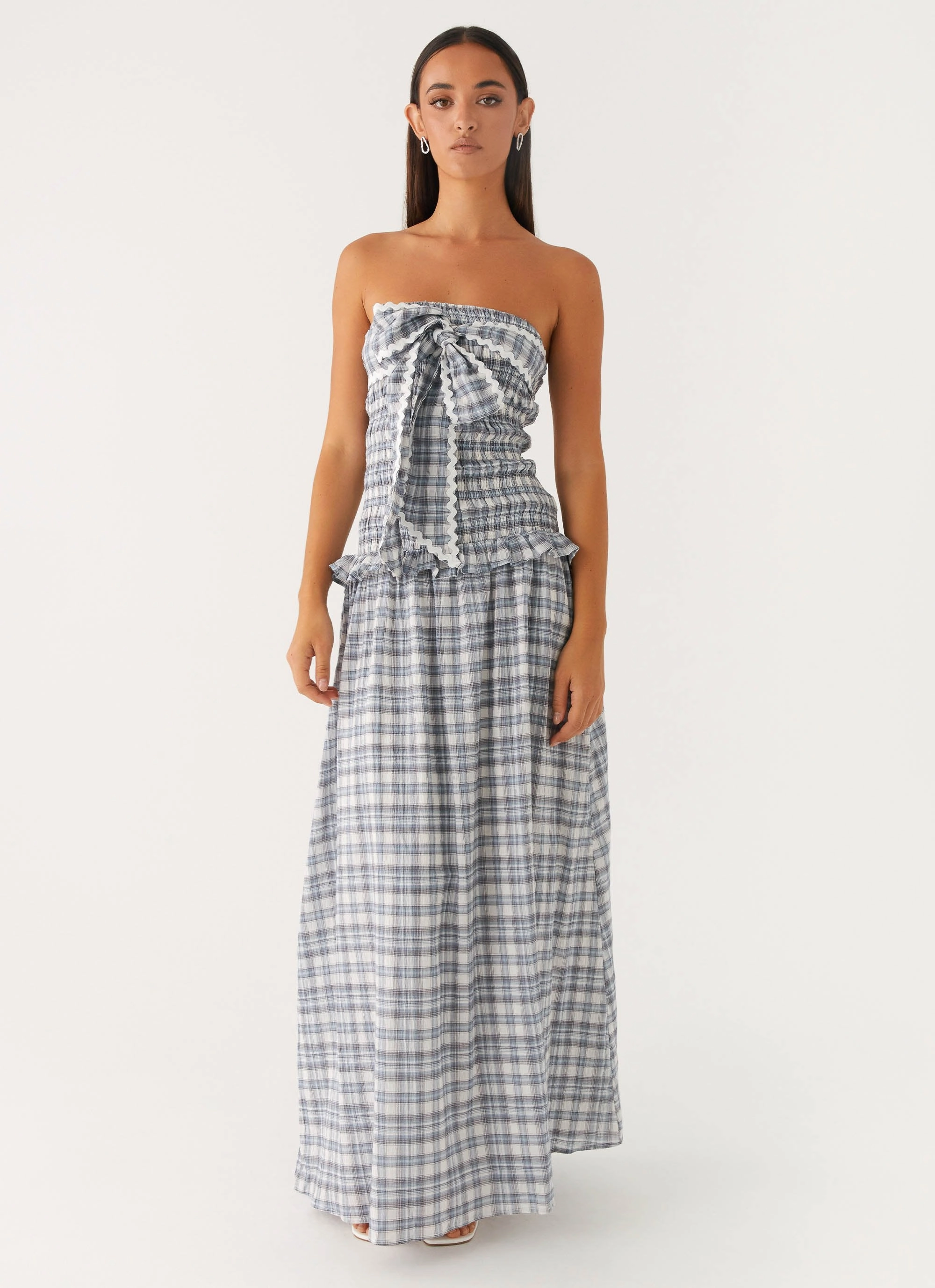 Red Carpet Malia Shirred Maxi Dress - Blue Grey Check