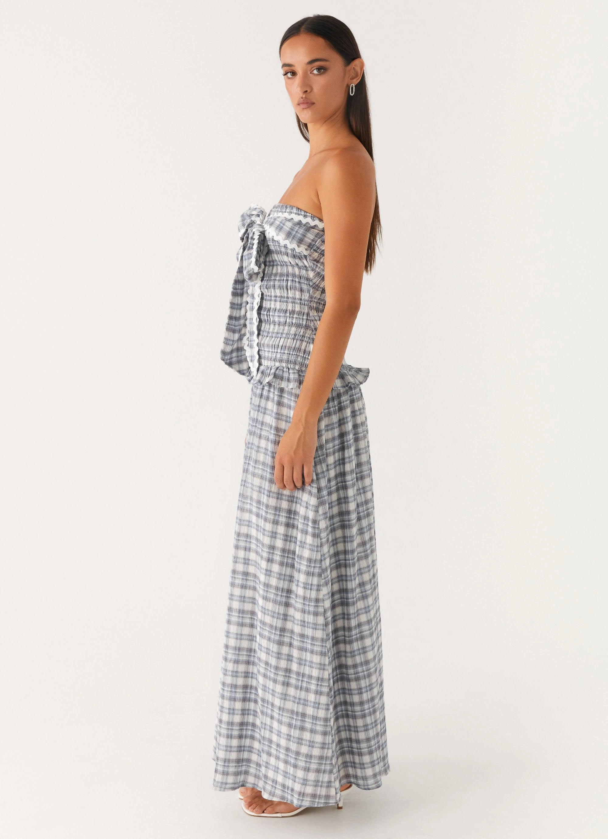 Japan Line Feminine Line Malia Shirred Maxi Dress - Blue Grey Check