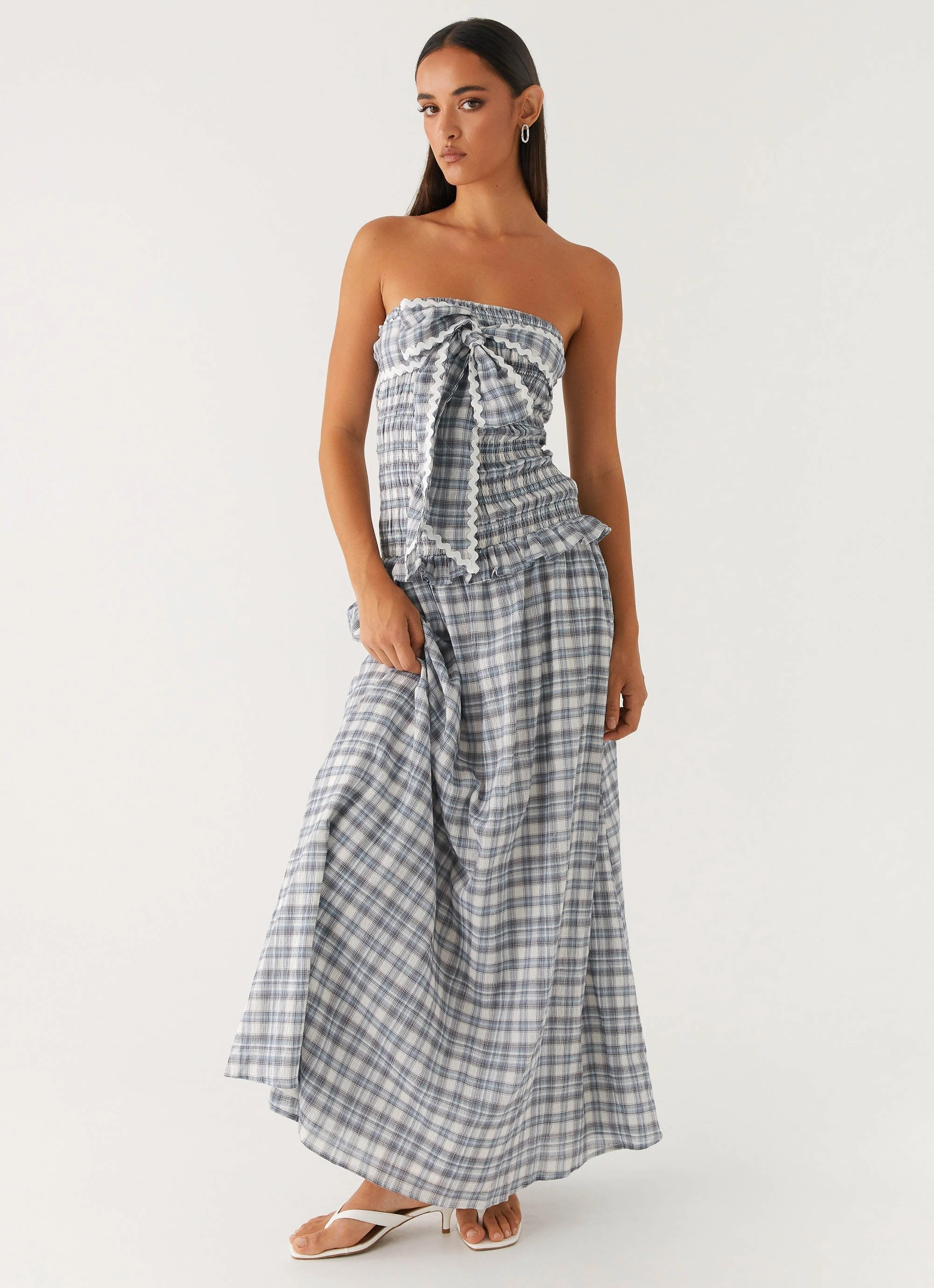 Chic Balance Magic Day Malia Shirred Maxi Dress - Blue Grey Check