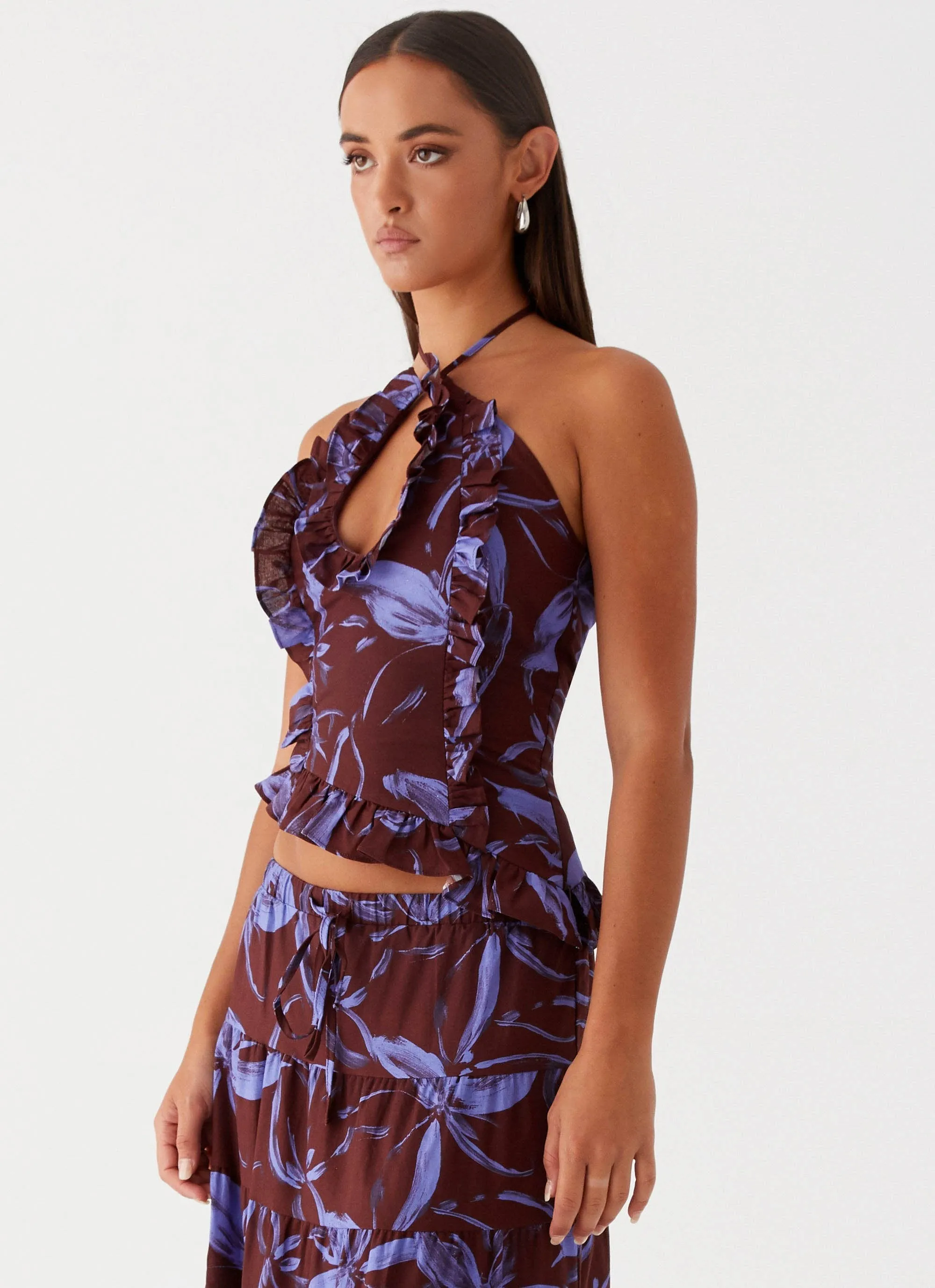 Temperature control Mariella Linen Top - Purple Brown Floral