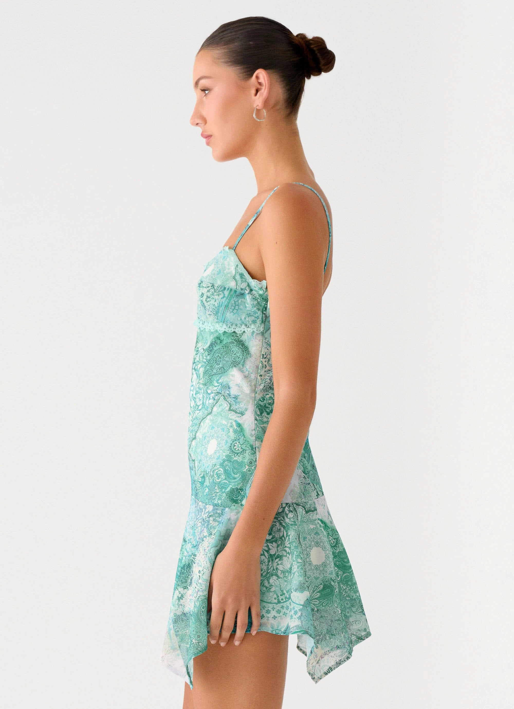 Tonal-Panel Marine Mist Asymmetric Hem Mini Dress - Green Paisley