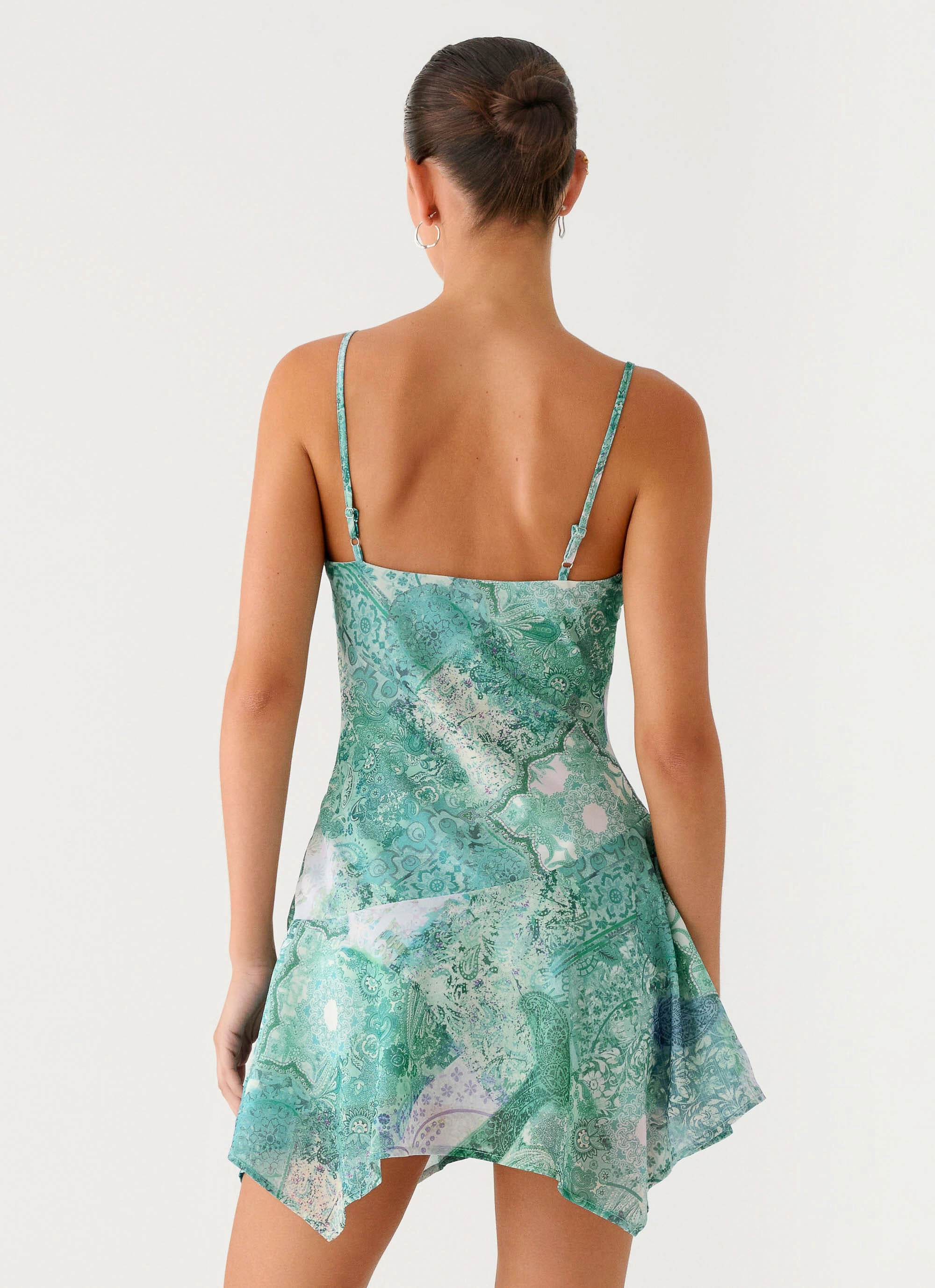 Clean Tone Soft Glide Marine Mist Asymmetric Hem Mini Dress - Green Paisley