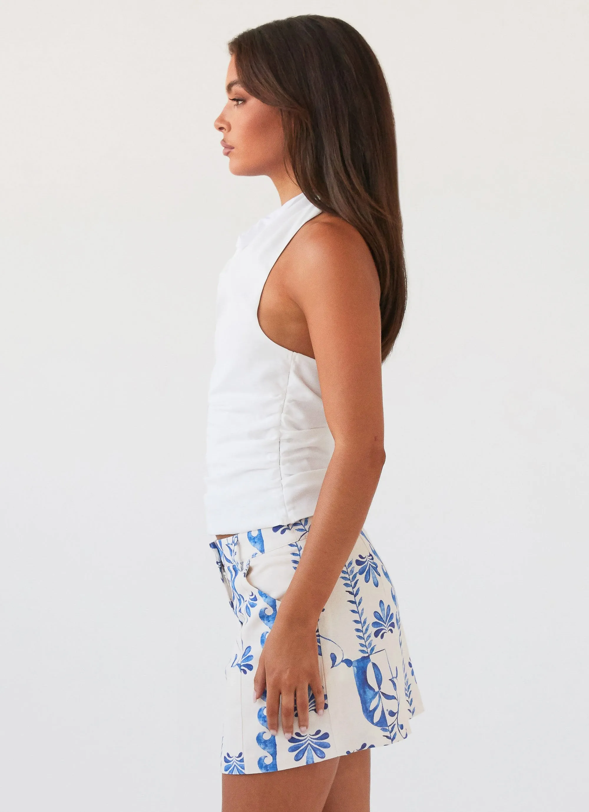 Marissa Linen Mini Skirt - Floral Wave Neat Finish Twist Front Design