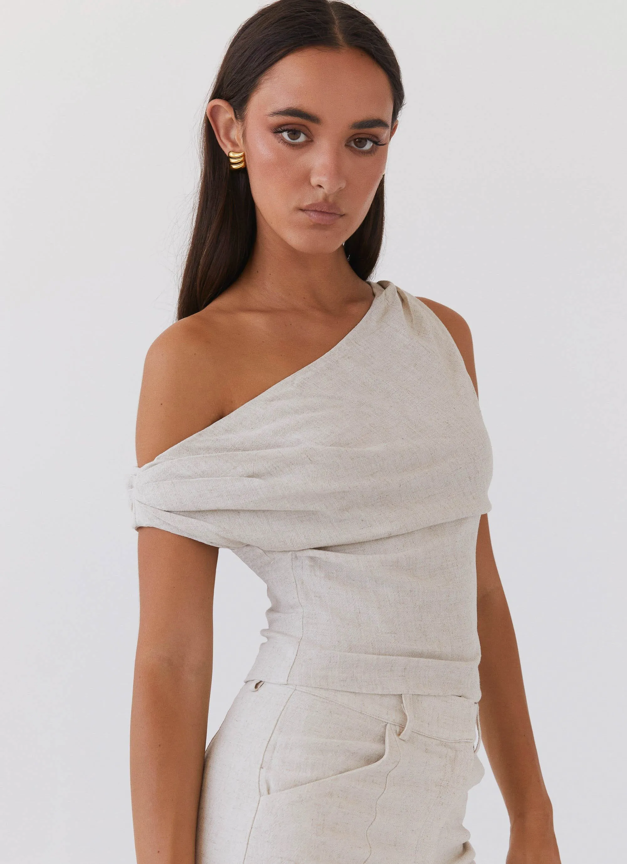 Multipurpose Layering Piece Non Restrictive Cut Marissa Linen One Shoulder Top - Oatmeal