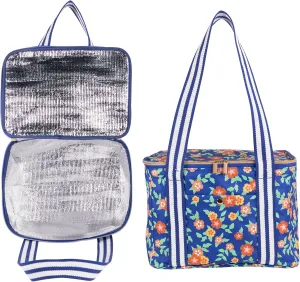 Martha Stewart Insulated Cooler Bag, Spacious 11.8" x 8.5" x 12.2" Reusable Grocery Bag for Food and Beverages, Durable Cotton Canvas with Insulated Interior (Floral Deep Ultramarine)