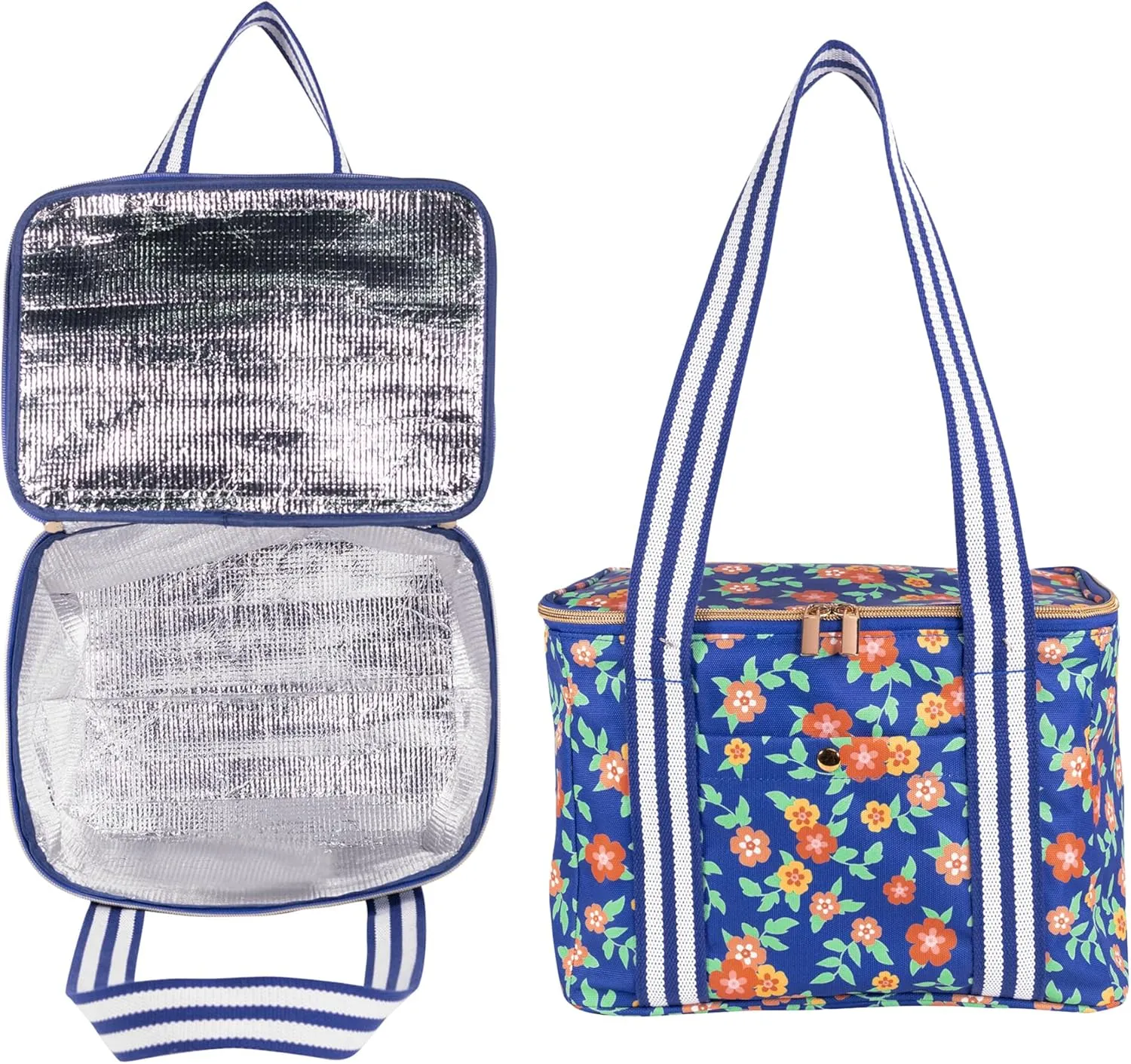 Martha Stewart Insulated Cooler Bag, Spacious 11.8" x 8.5" x 12.2" Reusable Grocery Bag for Food and Beverages, Durable Cotton Canvas with Insulated Interior (Floral Deep Ultramarine)