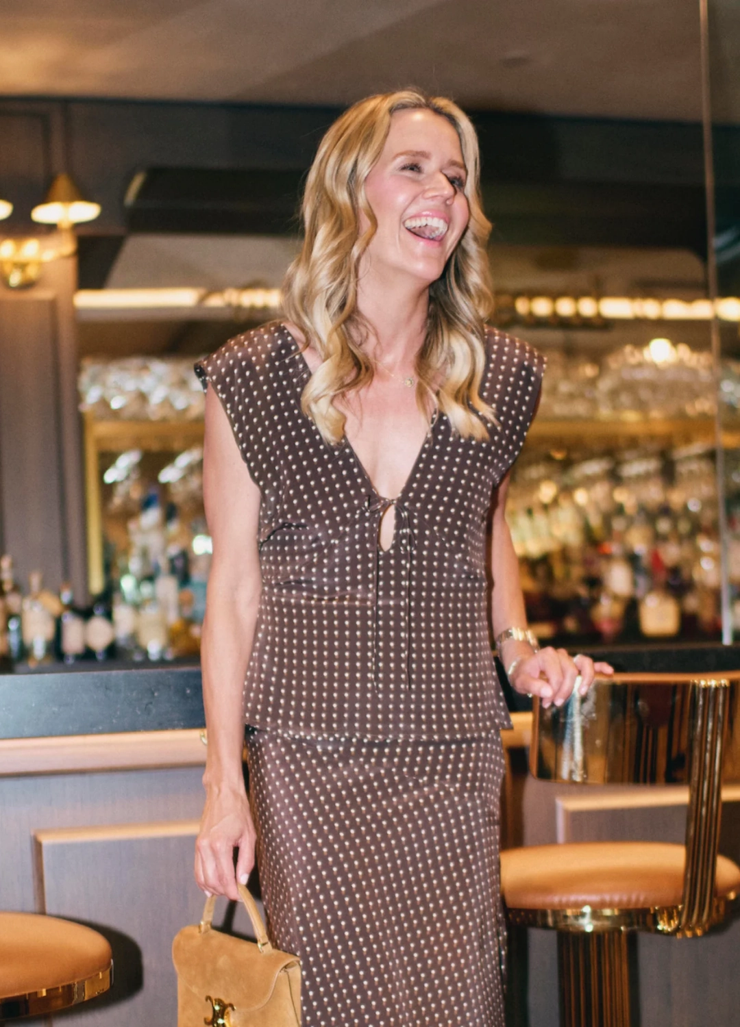 MASON by MASON'S DAUGHTER | Esme Top, Cocoa Silk Polka Dot Thermal Regulating Fabric Multi-way wear