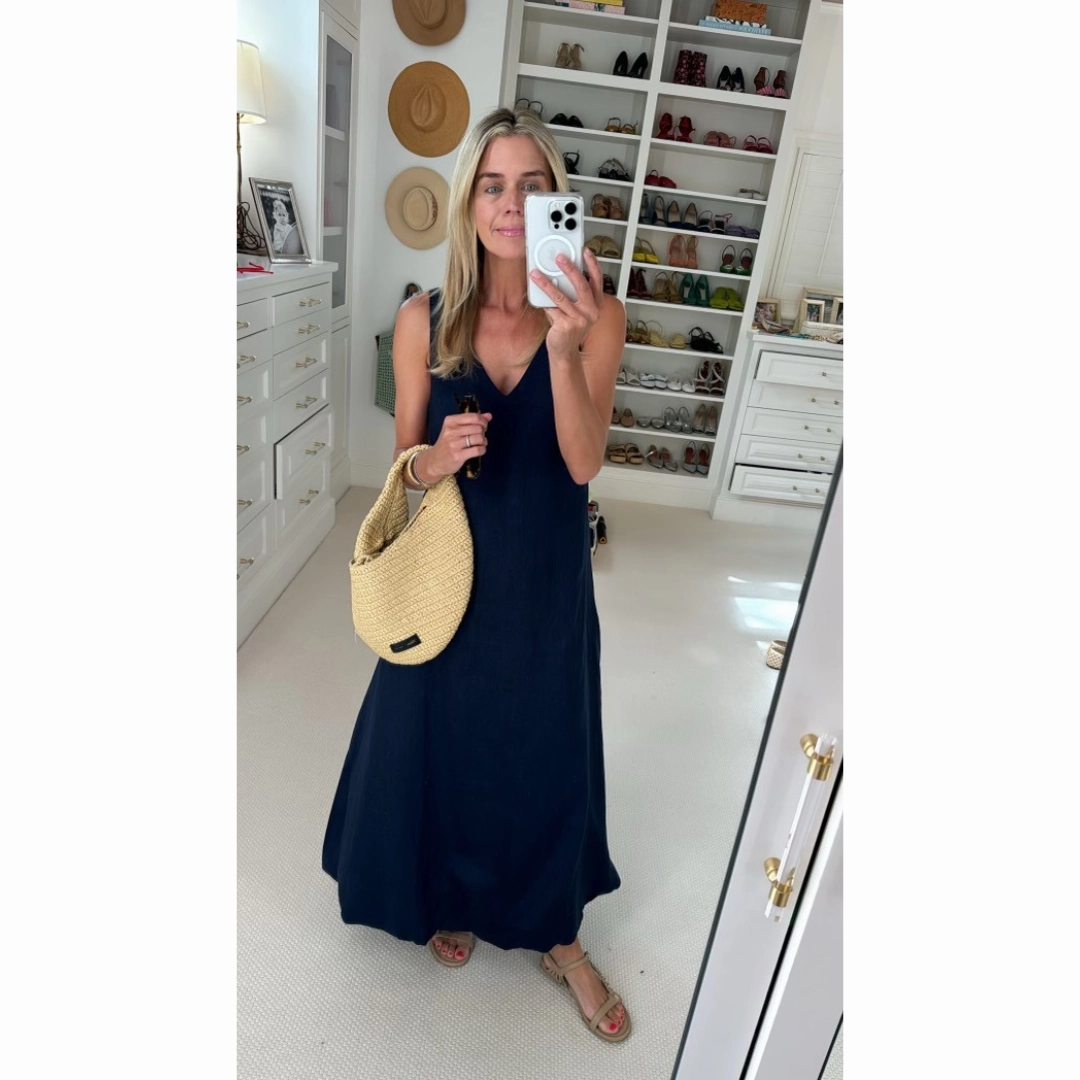 MASON'S DAUGHTER | Nicole Dress, Navy Linen Feminine flowing piece Piped-Edge