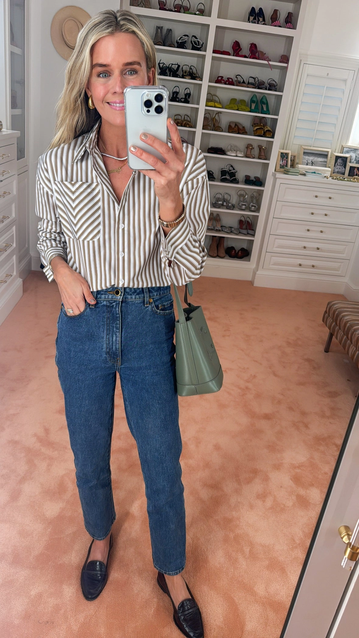 MASON'S DAUGHTER the French Cuff Boyfriend Shirt, Camel and White Striped Poplin Freedom Motion