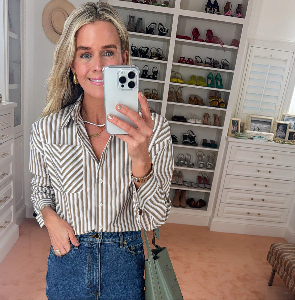 MASON'S DAUGHTER the French Cuff Boyfriend Shirt, Camel and White Striped Poplin FlexibleKneePanels