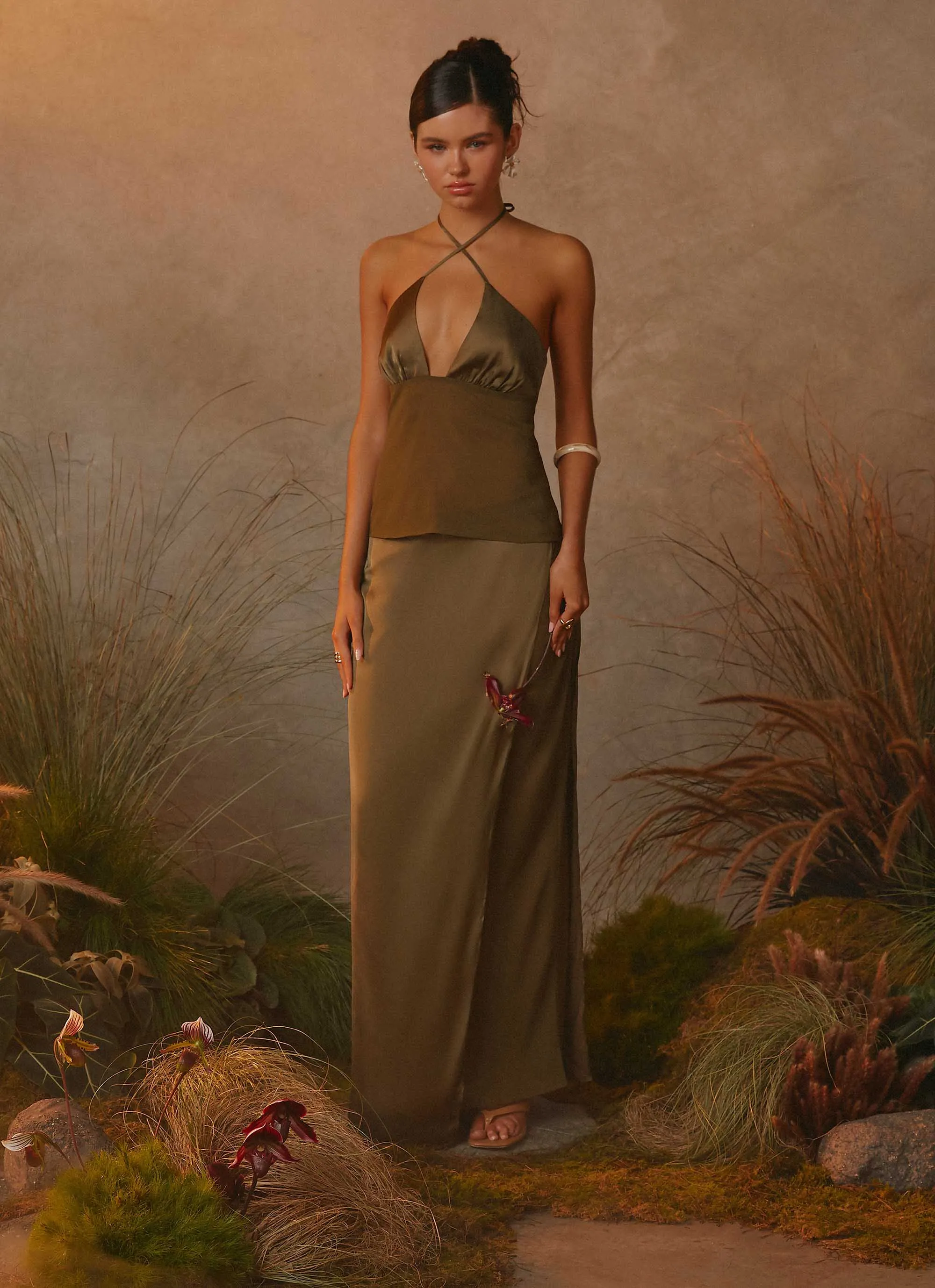 Elevated Casual Twist Front Mavie Maxi Skirt - Khaki