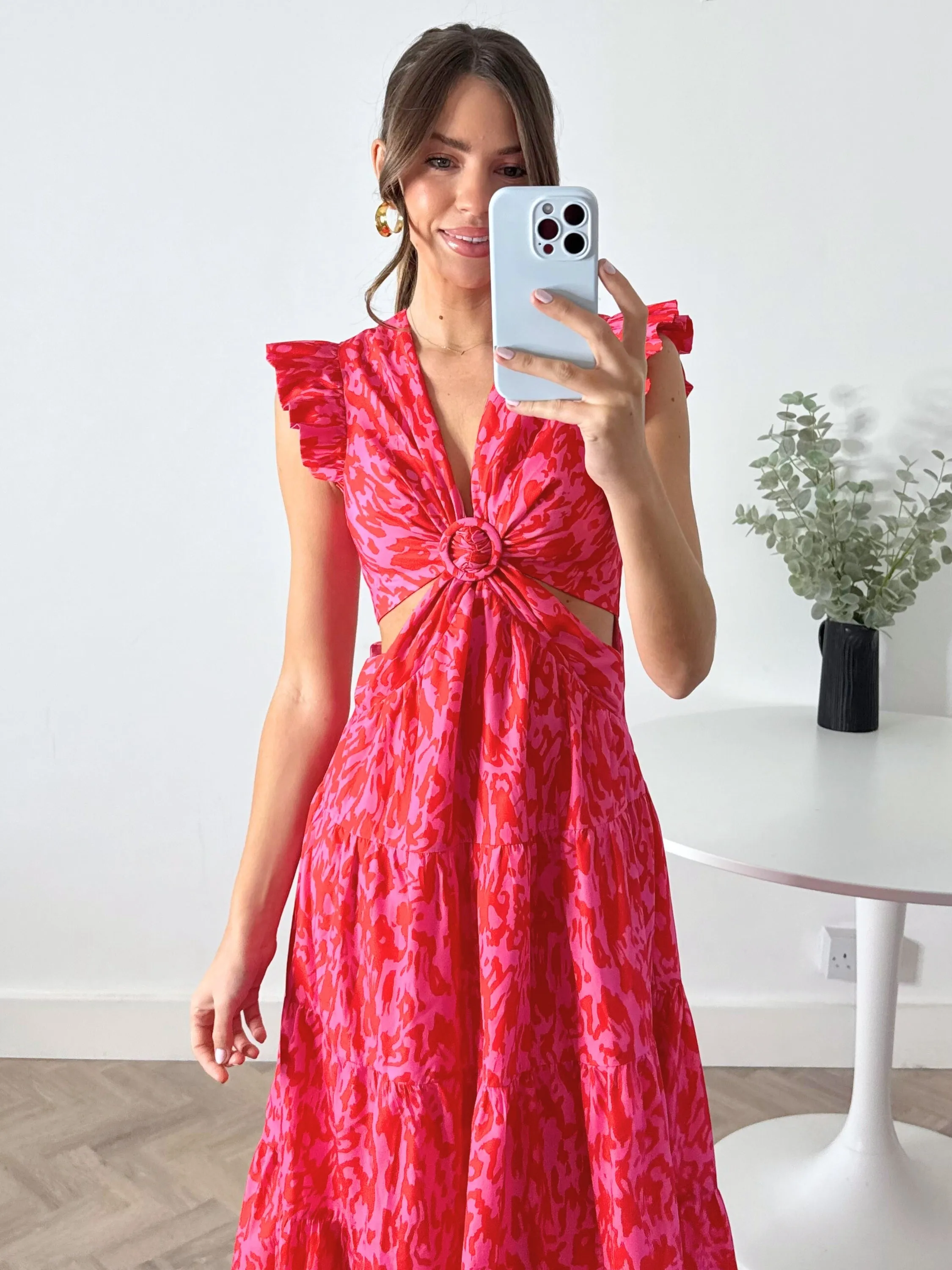 Perfect Length Indie Cut Out Frill Maxi Dress in Red & Pink