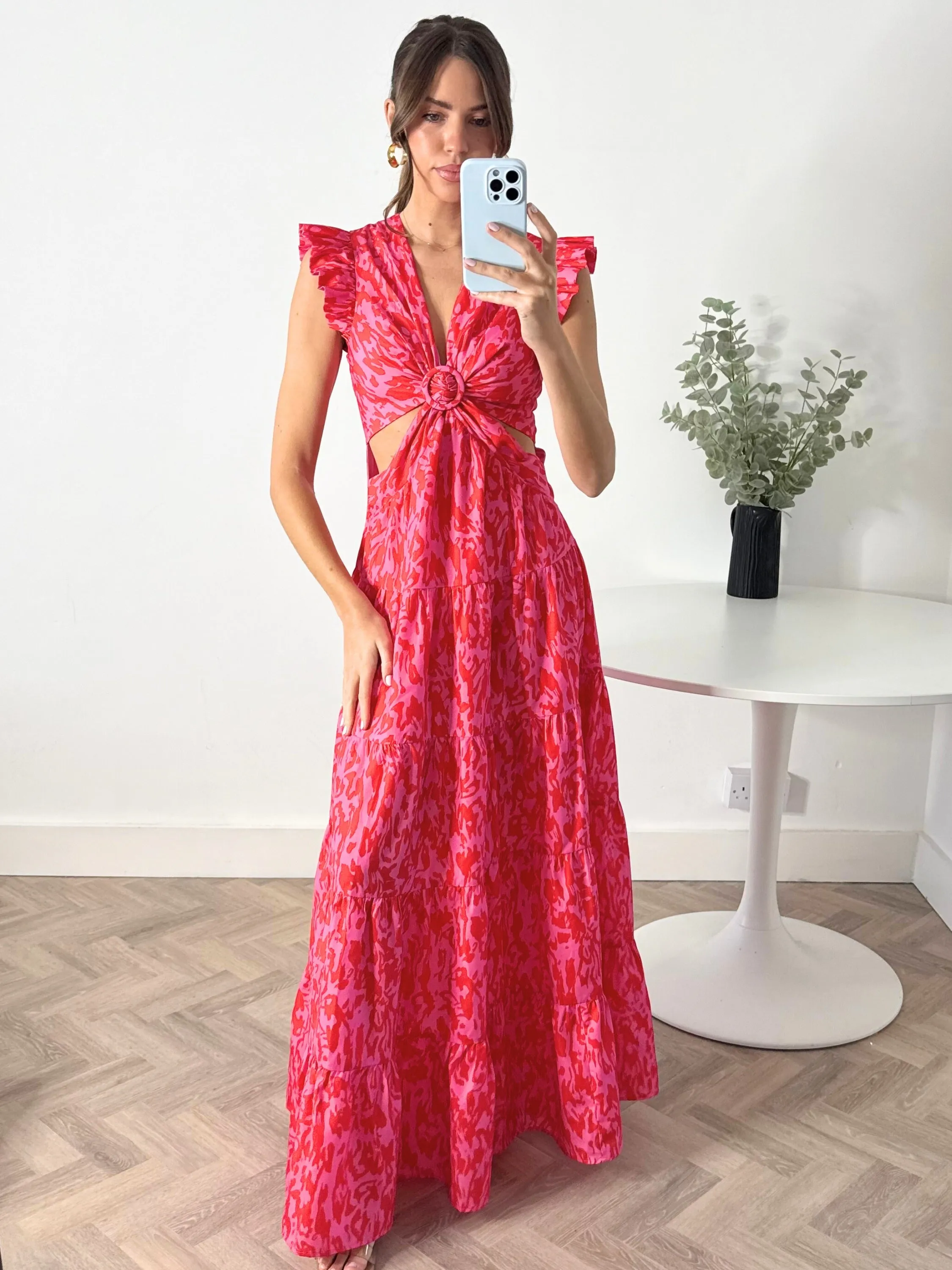 Indie Cut Out Frill Maxi Dress in Red & Pink Versatile Fit Light Soft