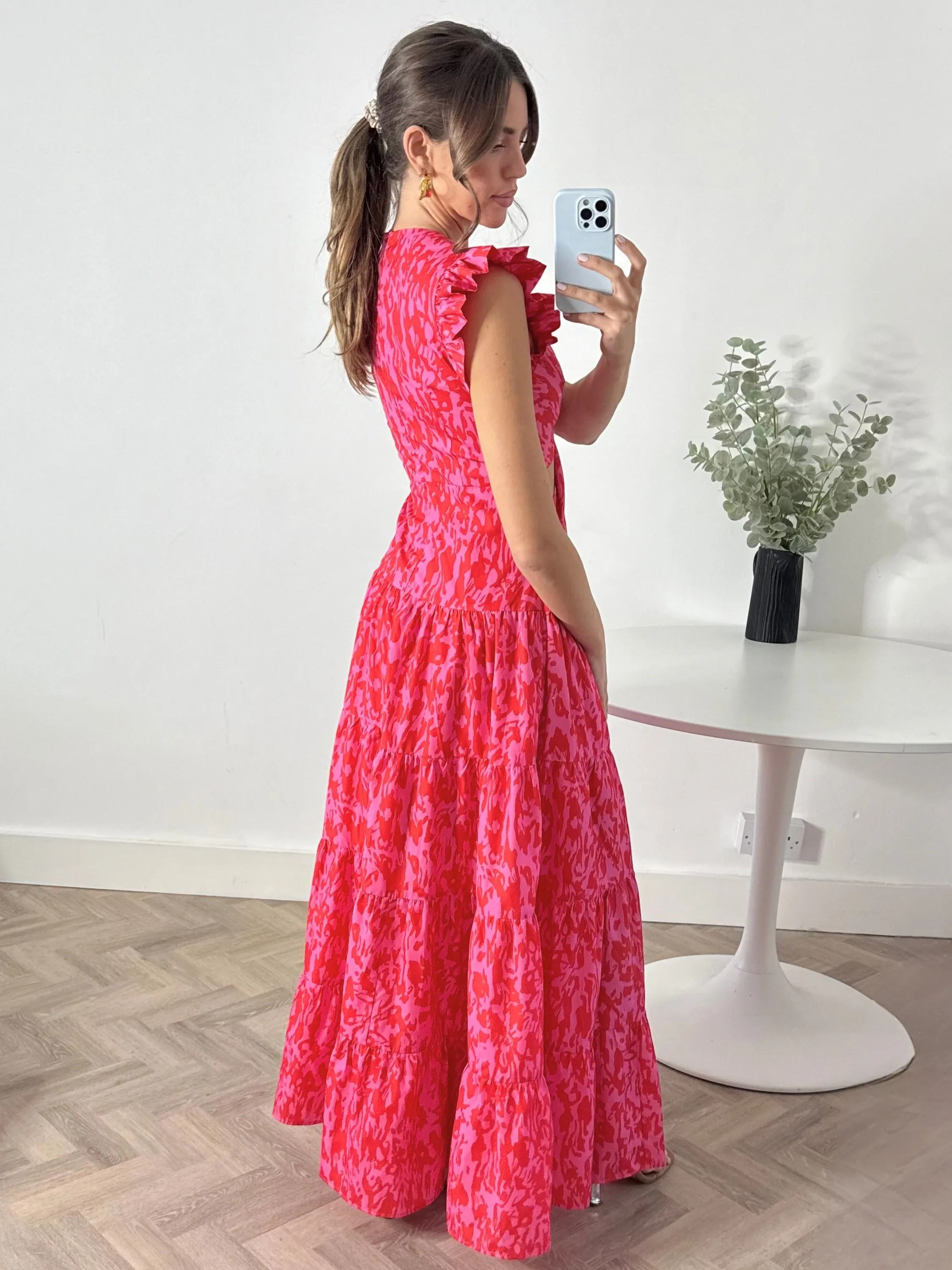 Indie Cut Out Frill Maxi Dress in Red & Pink Moment Glow