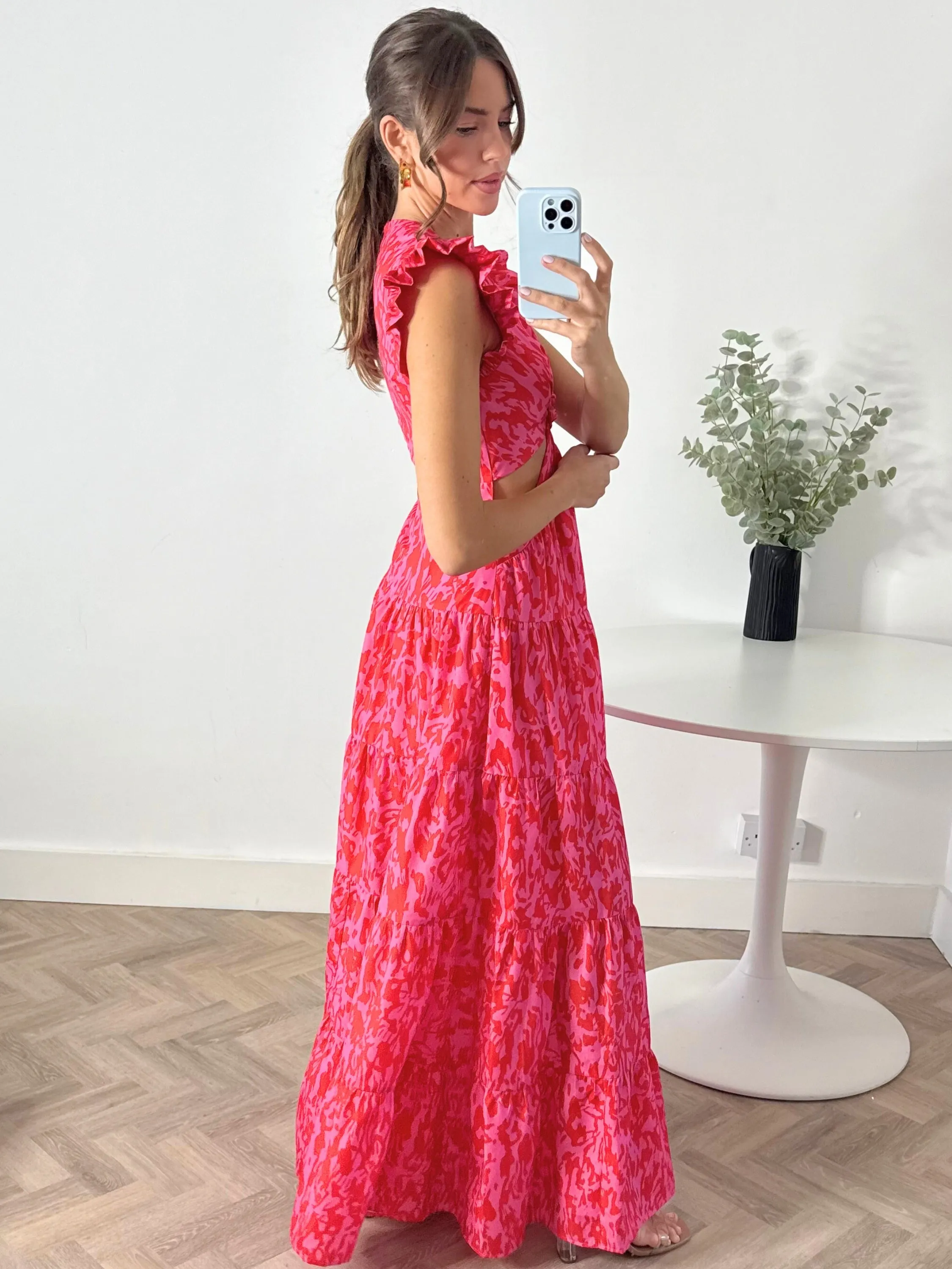 Beaded-Edge Indie Cut Out Frill Maxi Dress in Red & Pink