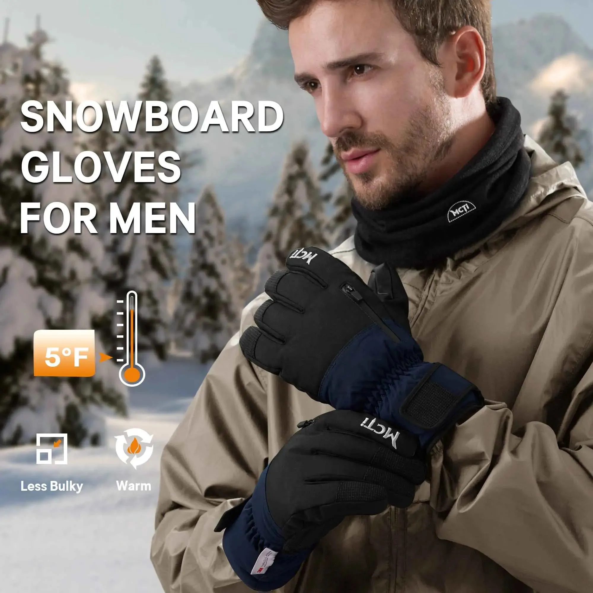 MCTi Snowboard Gloves Men's Waterproof Insulated Ski Gloves Winter with Abrasion Resistant Palm
