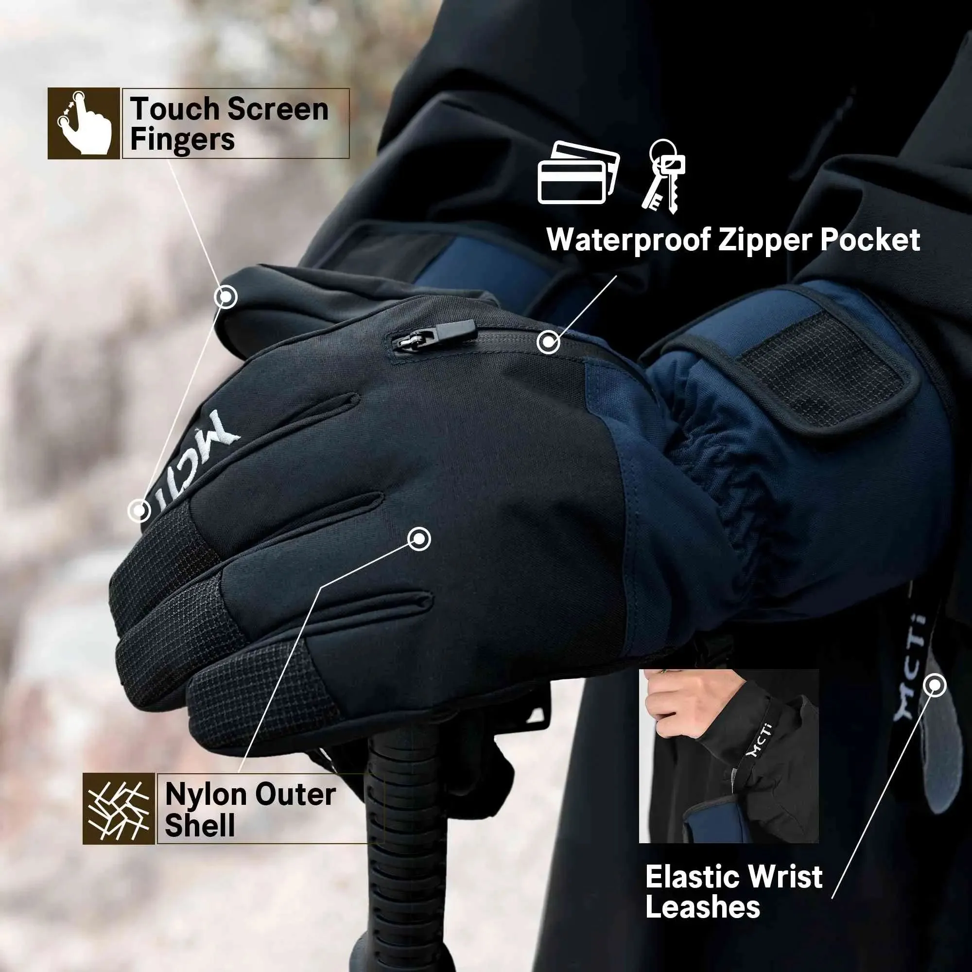 MCTi Snowboard Gloves Men's Waterproof Insulated Ski Gloves Winter with Abrasion Resistant Palm