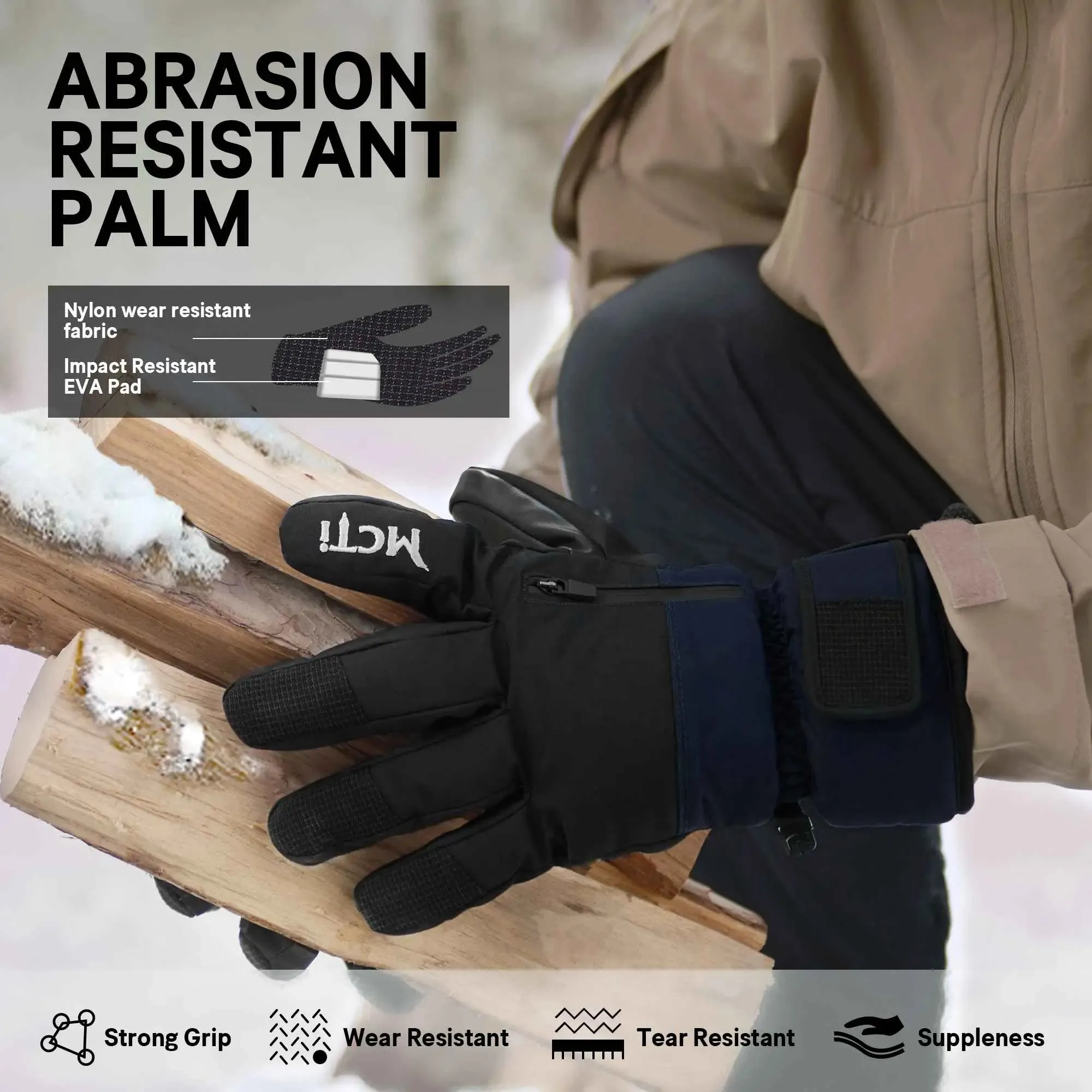 MCTi Snowboard Gloves Men's Waterproof Insulated Ski Gloves Winter with Abrasion Resistant Palm