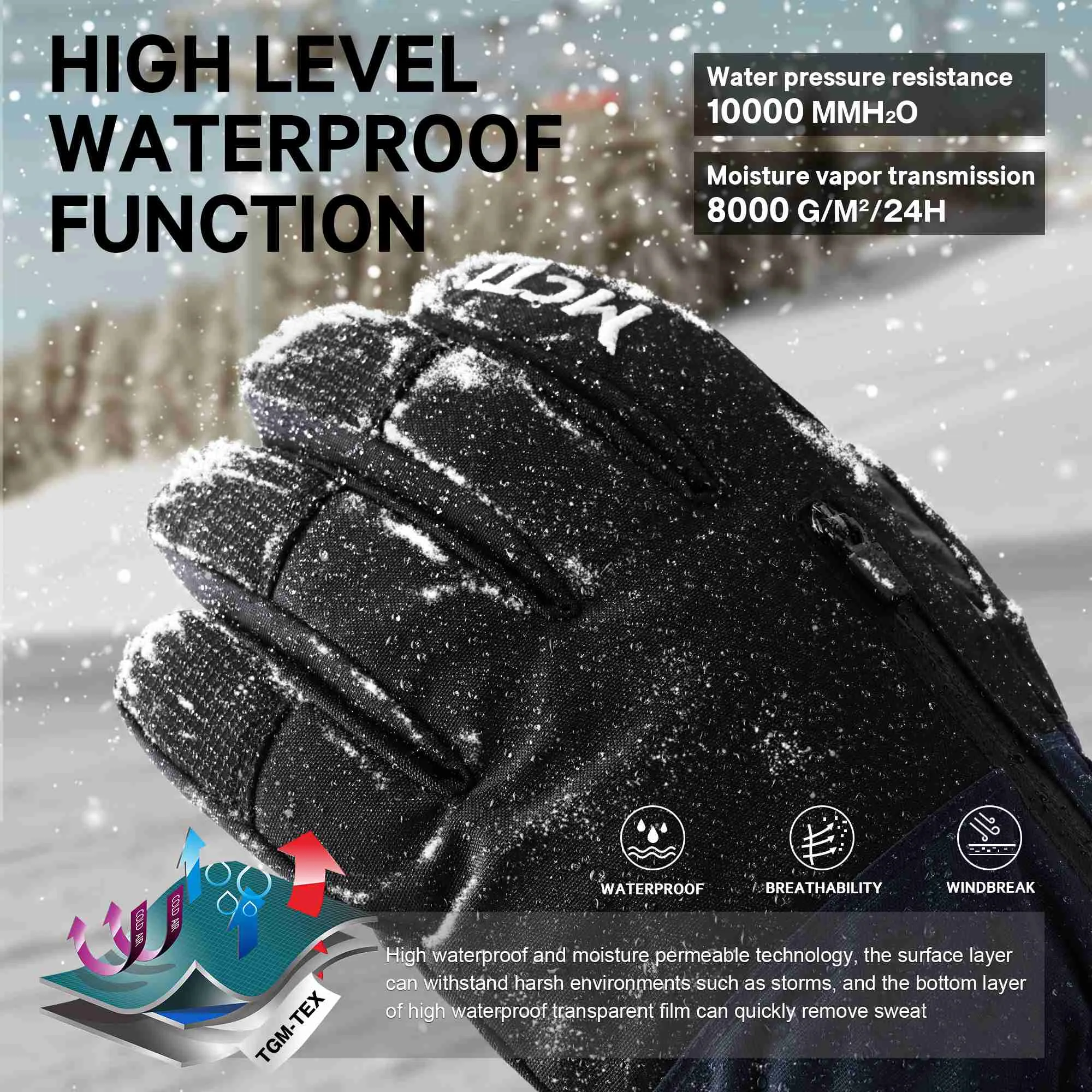 MCTi Snowboard Gloves Men's Waterproof Insulated Ski Gloves Winter with Abrasion Resistant Palm