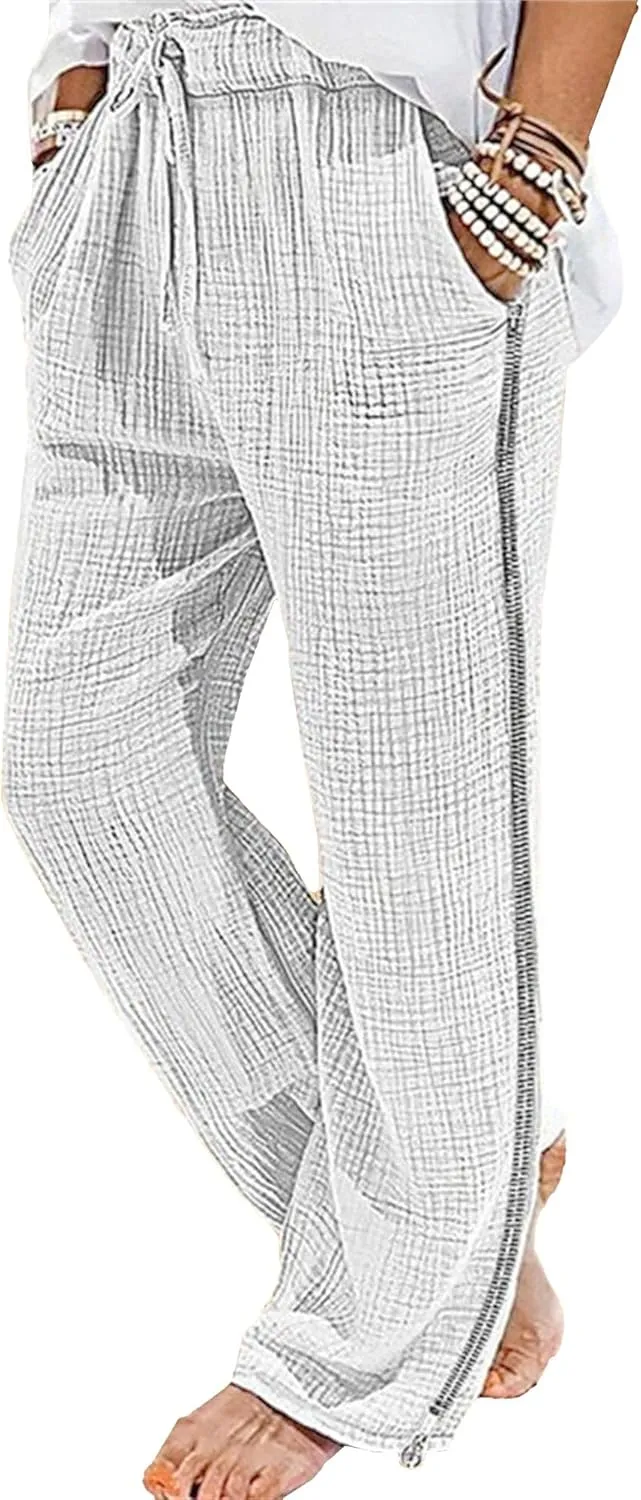 Men's Baggy Casual Elastic Waist Chino Pants Cotton Linen Solid Outdoor Pants Straight Leg Comfort Beach Trousers