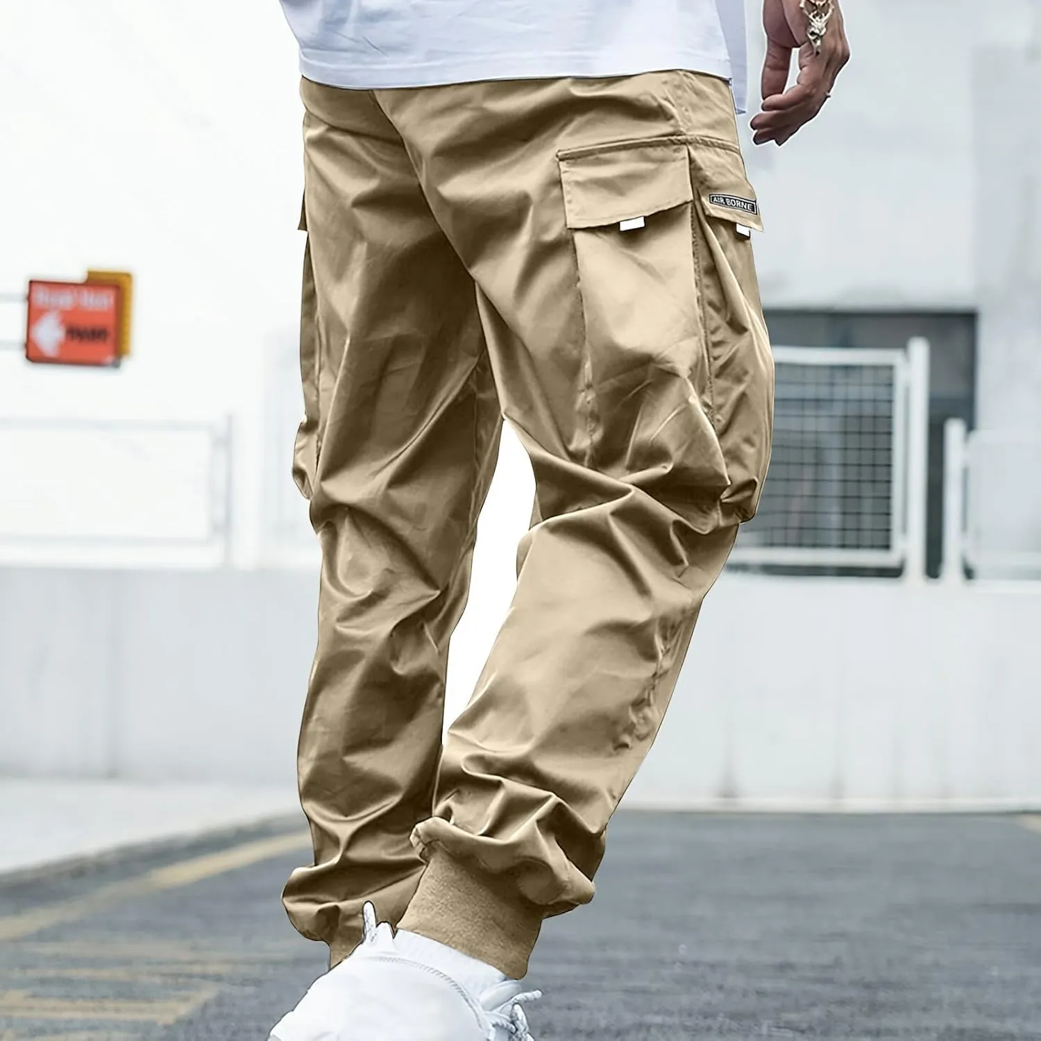 Mens Cargo Pants Stretch Baggy Drawstring Waist Work Hiking Pants Casual Loose Outdoor Pants with Multiple Pockets