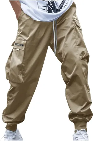 Mens Cargo Pants Stretch Baggy Drawstring Waist Work Hiking Pants Casual Loose Outdoor Pants with Multiple Pockets