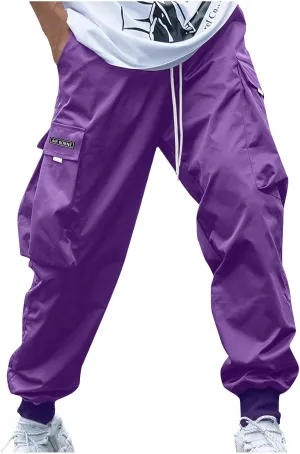 Mens Cargo Pants Stretch Baggy Drawstring Waist Work Hiking Pants Casual Loose Outdoor Pants with Multiple Pockets