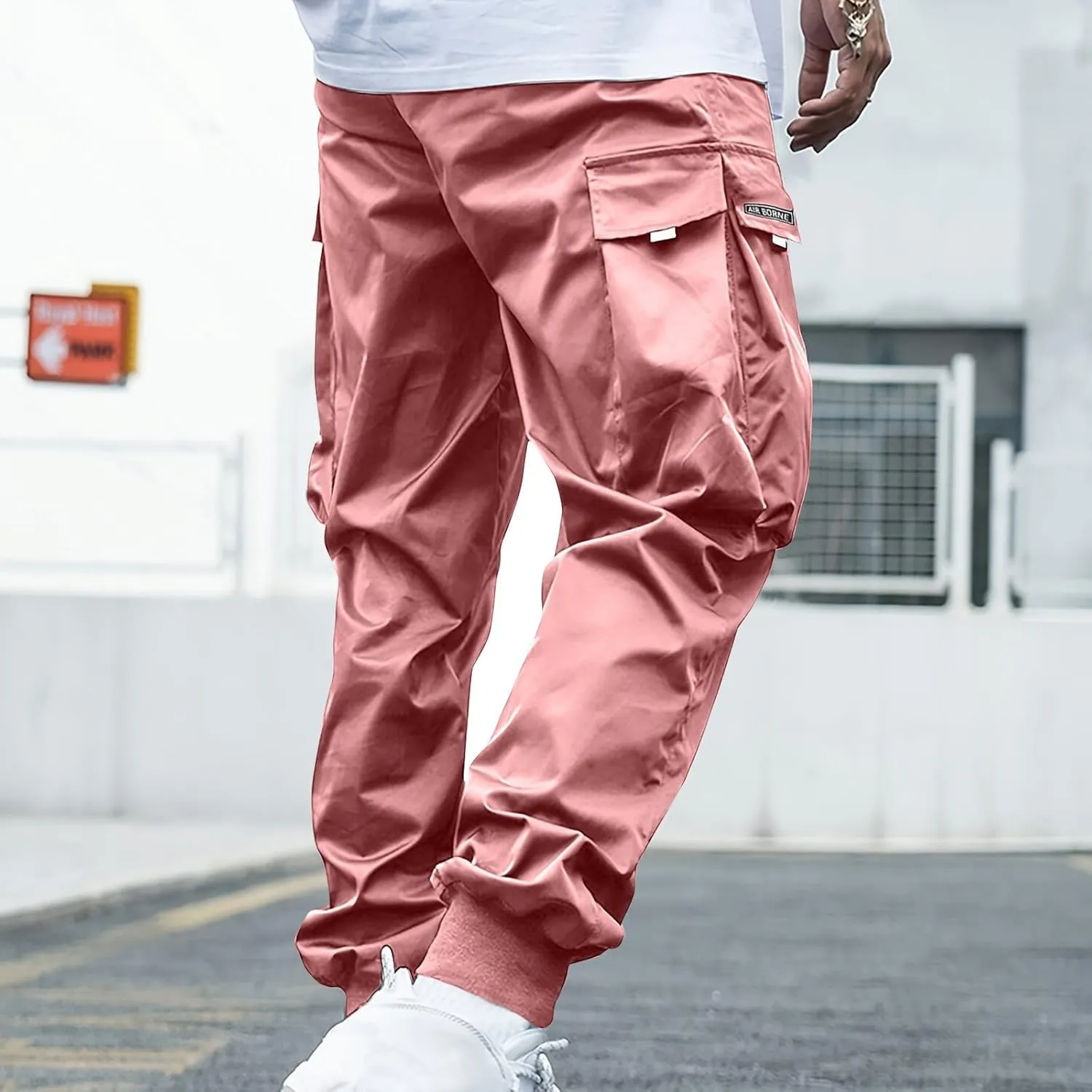 Mens Cargo Pants Stretch Baggy Drawstring Waist Work Hiking Pants Casual Loose Outdoor Pants with Multiple Pockets