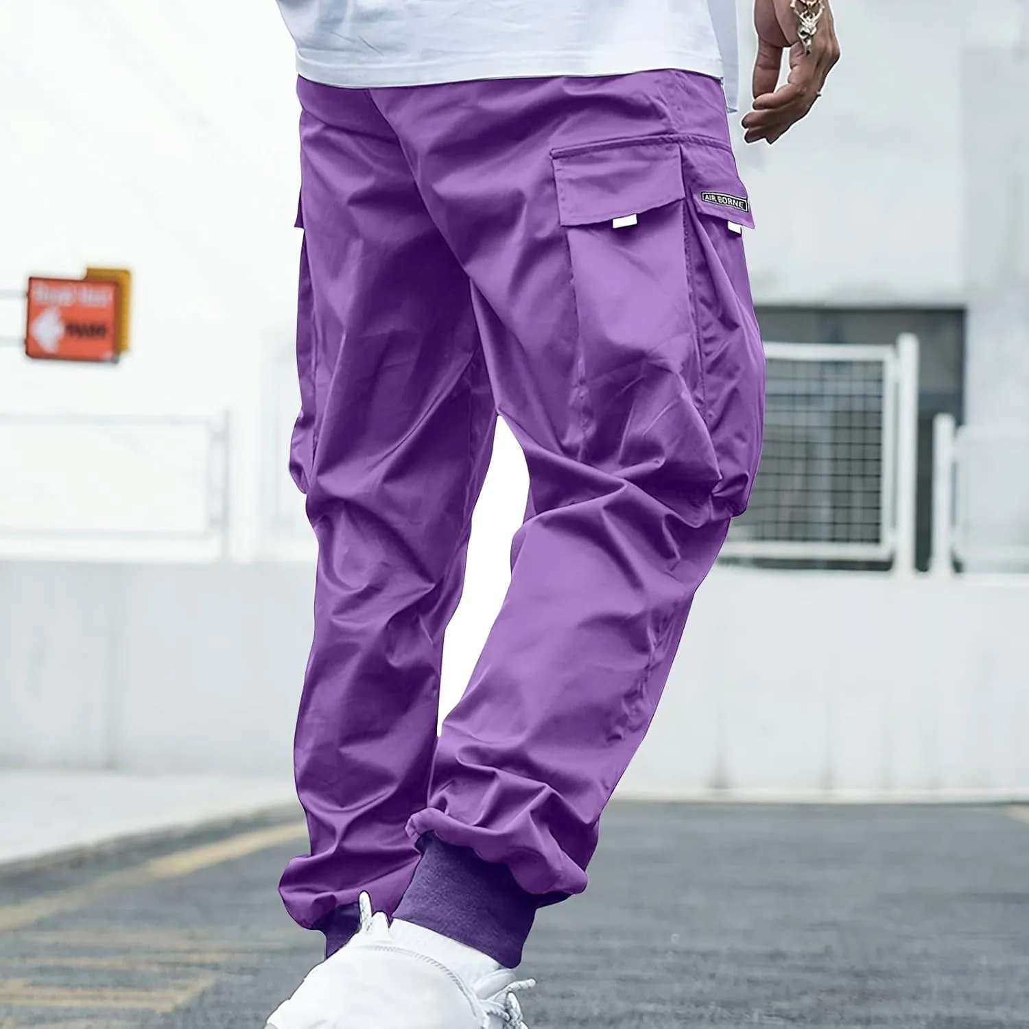 Mens Cargo Pants Stretch Baggy Drawstring Waist Work Hiking Pants Casual Loose Outdoor Pants with Multiple Pockets