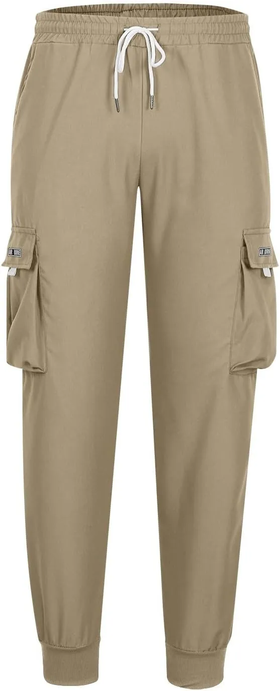 Mens Cargo Pants Stretch Baggy Drawstring Waist Work Hiking Pants Casual Loose Outdoor Pants with Multiple Pockets