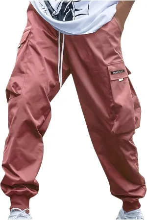 Mens Cargo Pants Stretch Baggy Drawstring Waist Work Hiking Pants Casual Loose Outdoor Pants with Multiple Pockets