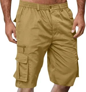 Mens Cargo Shorts Elastic Waist Wide Leg with Multi-Pocket Cargo Pants Summer Lightweight Baggy Hiking Outdoor Pants