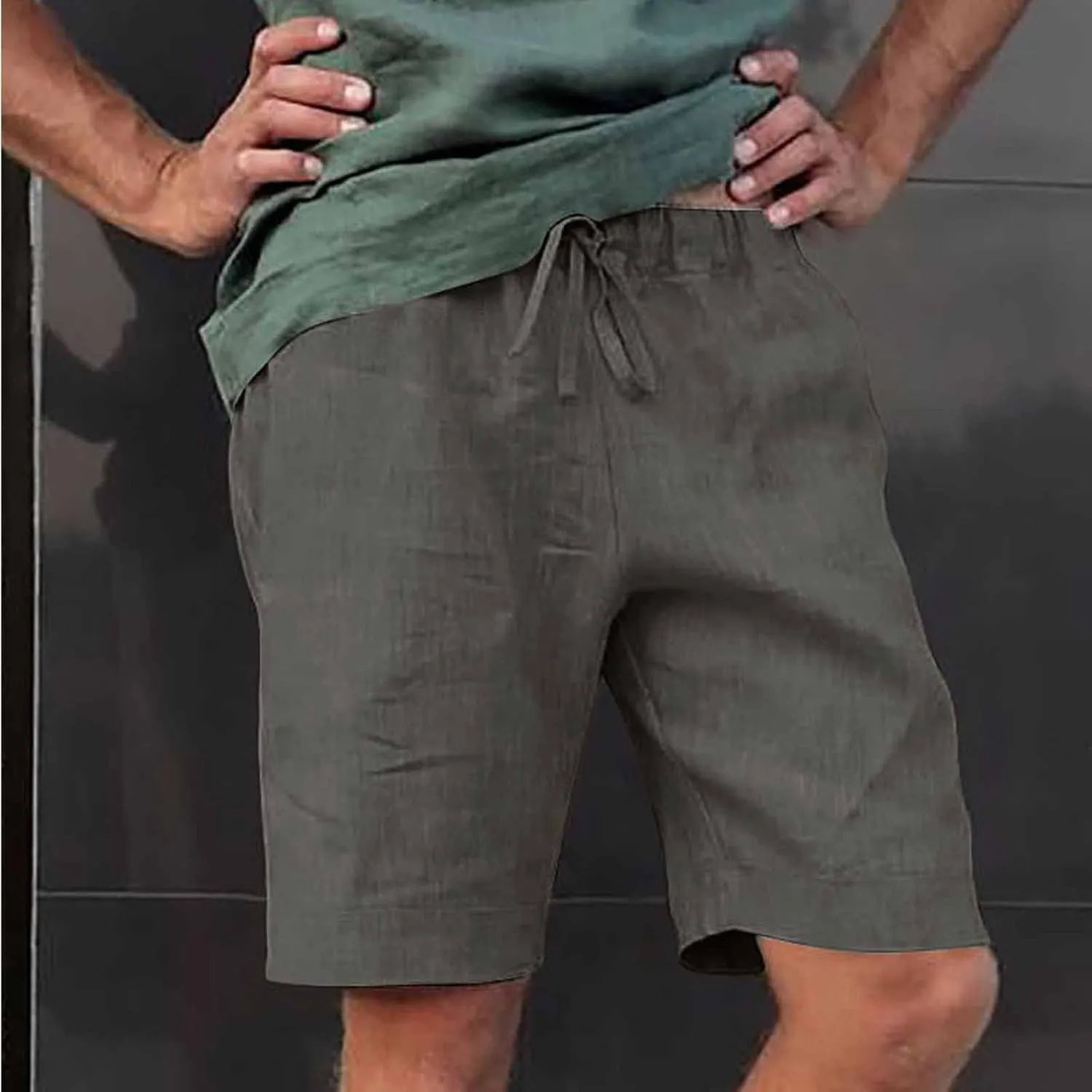 Mens Casual Linen Shorts Cotton Drawstring Stretch Summer Beach Shorts Relaxed Fit Outdoor Pants Lounge Shorts