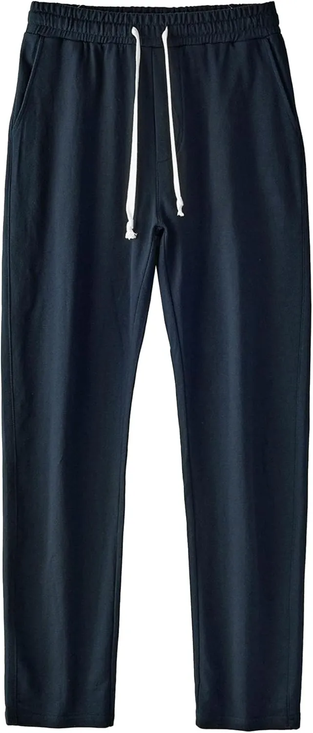 Men's Cotton Basic Comfort Outdoor Pants Straight Leg Drawstring Baggy Trousers Solid Casual Stretch Atletic Pants