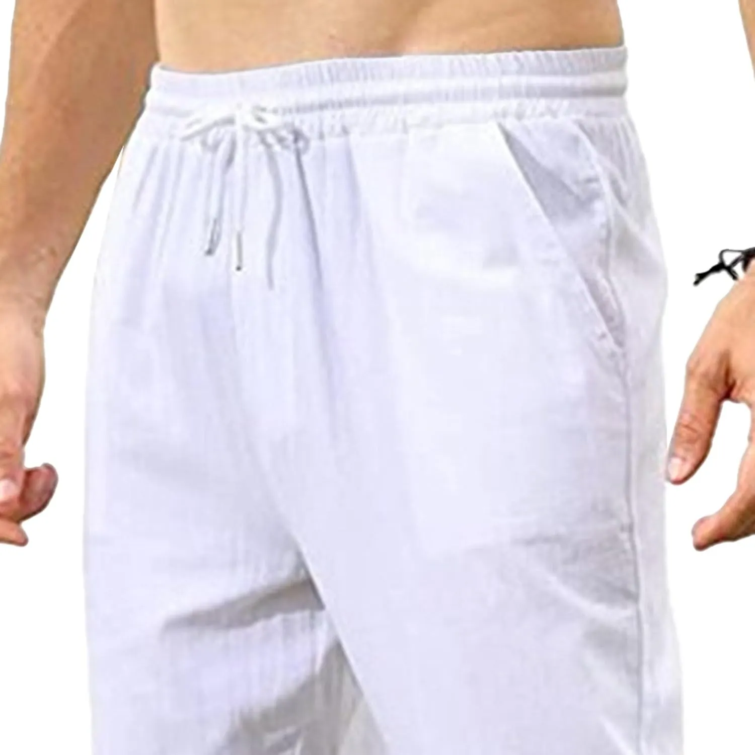 Men's Drawstring Elastic Waist Solid Hiking Pants Linen Slim Fit Yoga Trousers Summer Beach Outdoor Pants