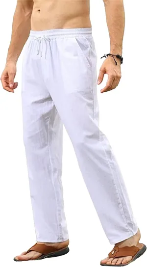 Men's Drawstring Elastic Waist Solid Hiking Pants Linen Slim Fit Yoga Trousers Summer Beach Outdoor Pants