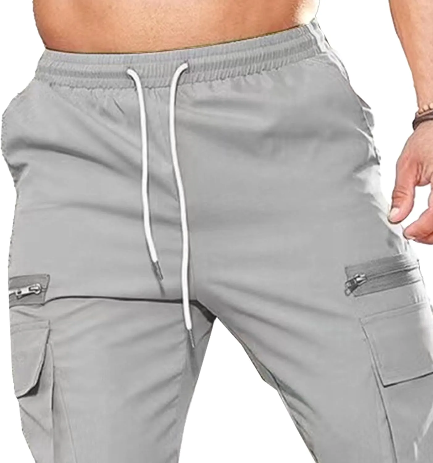 Men's Drawstring Straight Leg Cargo Pants Elastic Waist Athletic Work Trousers Stylish Casual Solid Outdoor Pants