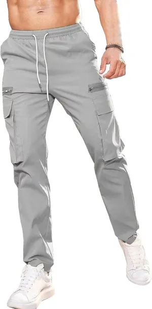 Men's Drawstring Straight Leg Cargo Pants Elastic Waist Athletic Work Trousers Stylish Casual Solid Outdoor Pants