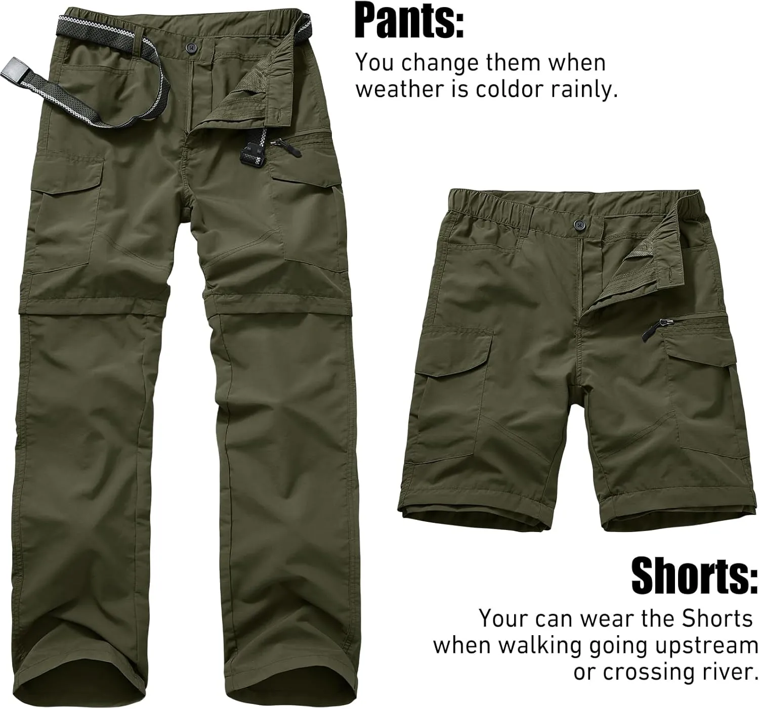 Mens Hiking Convertible Pants Quick Dry Zip Off Lightweight Cargo Fishing Work Pants Trousers with Belt