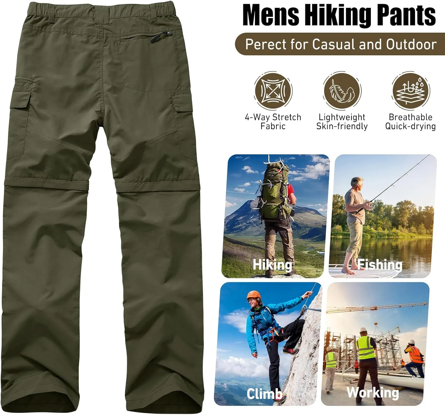 Mens Hiking Convertible Pants Quick Dry Zip Off Lightweight Cargo Fishing Work Pants Trousers with Belt