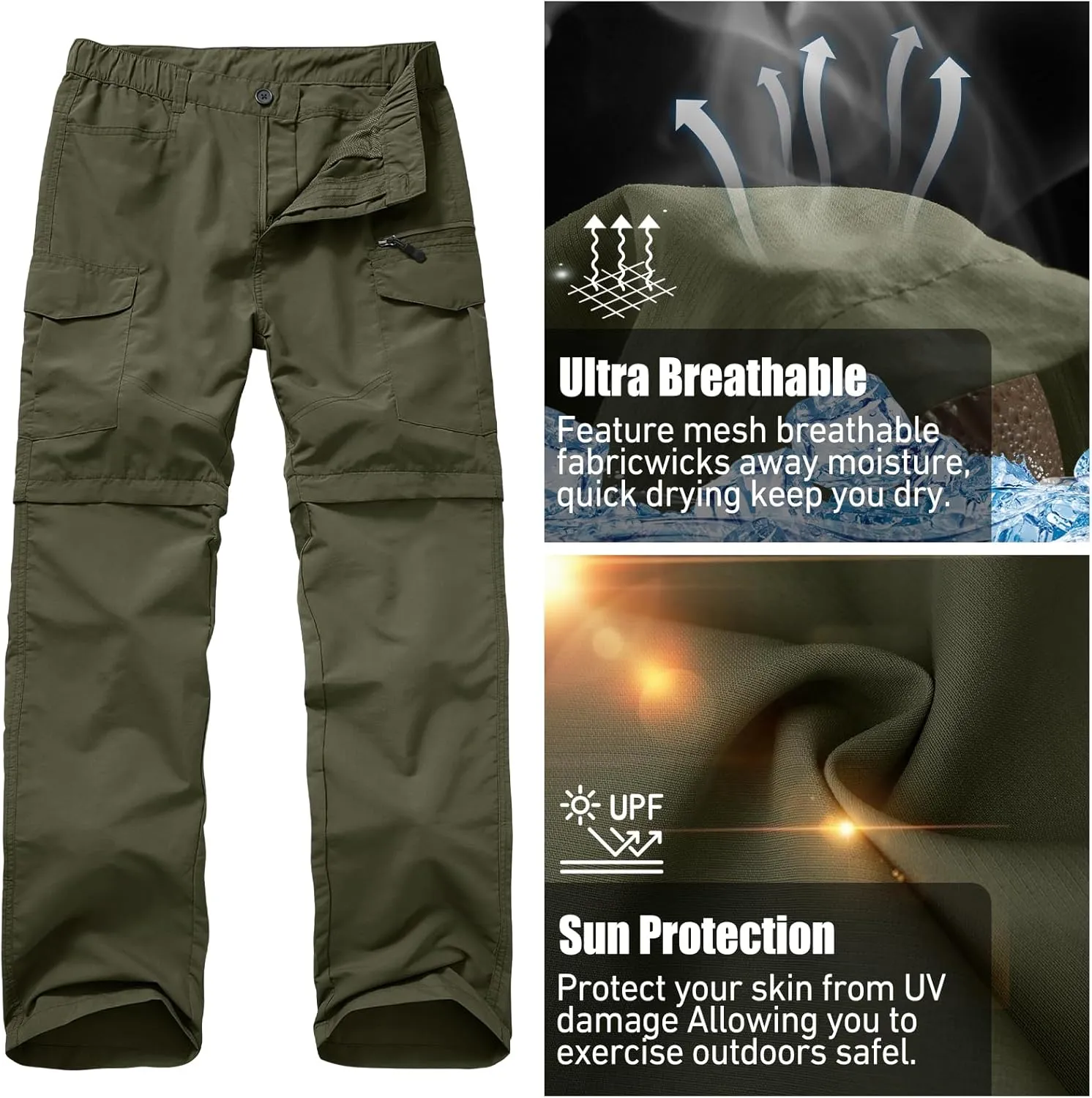 Mens Hiking Convertible Pants Quick Dry Zip Off Lightweight Cargo Fishing Work Pants Trousers with Belt