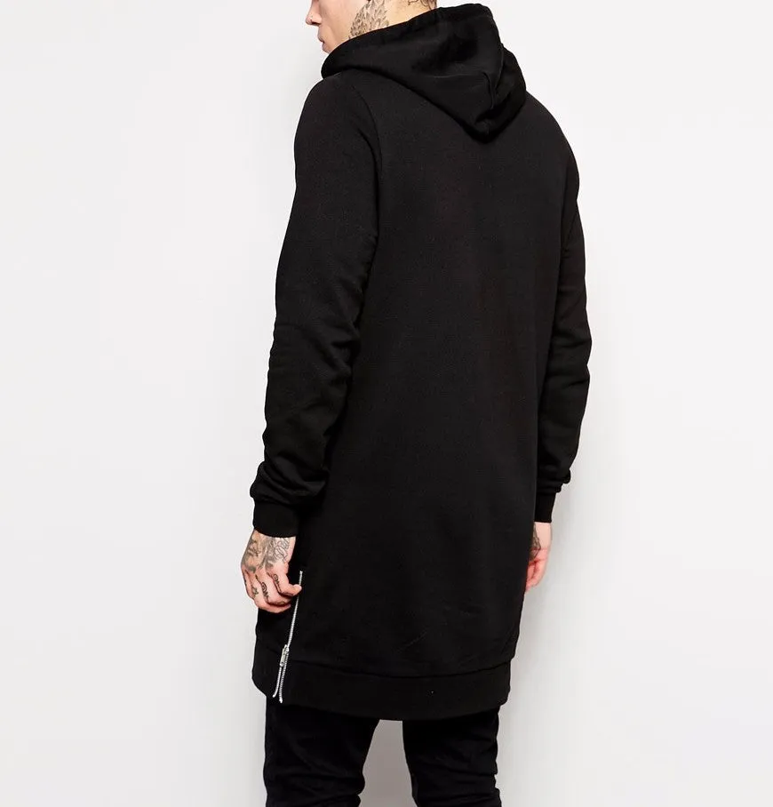 Men's Long Black Hooded Sweatshirt With Side Zip