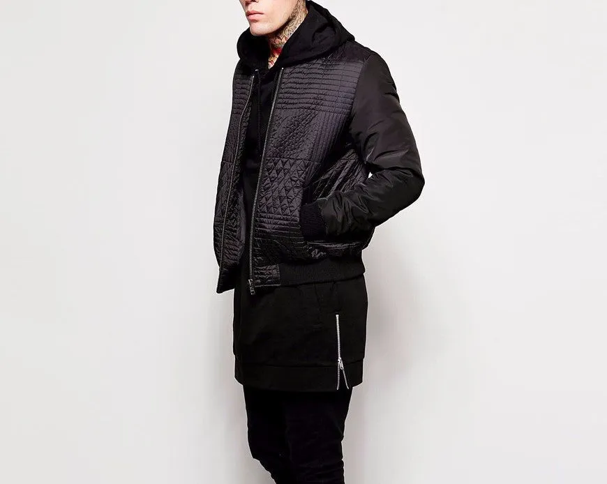 Men's Long Black Hooded Sweatshirt With Side Zip