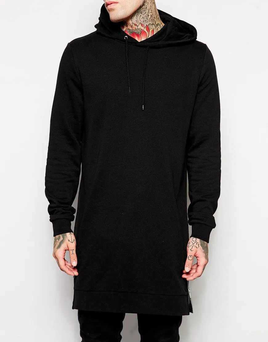 Men's Long Black Hooded Sweatshirt With Side Zip