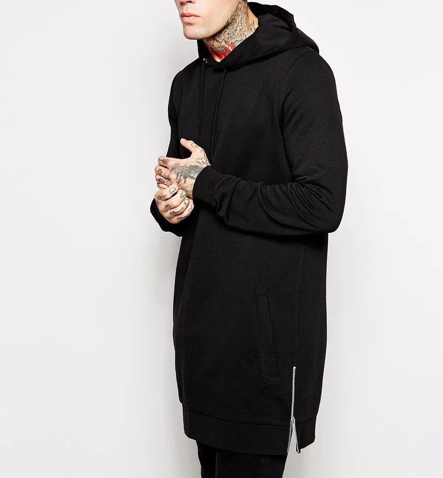 Men's Long Black Hooded Sweatshirt With Side Zip