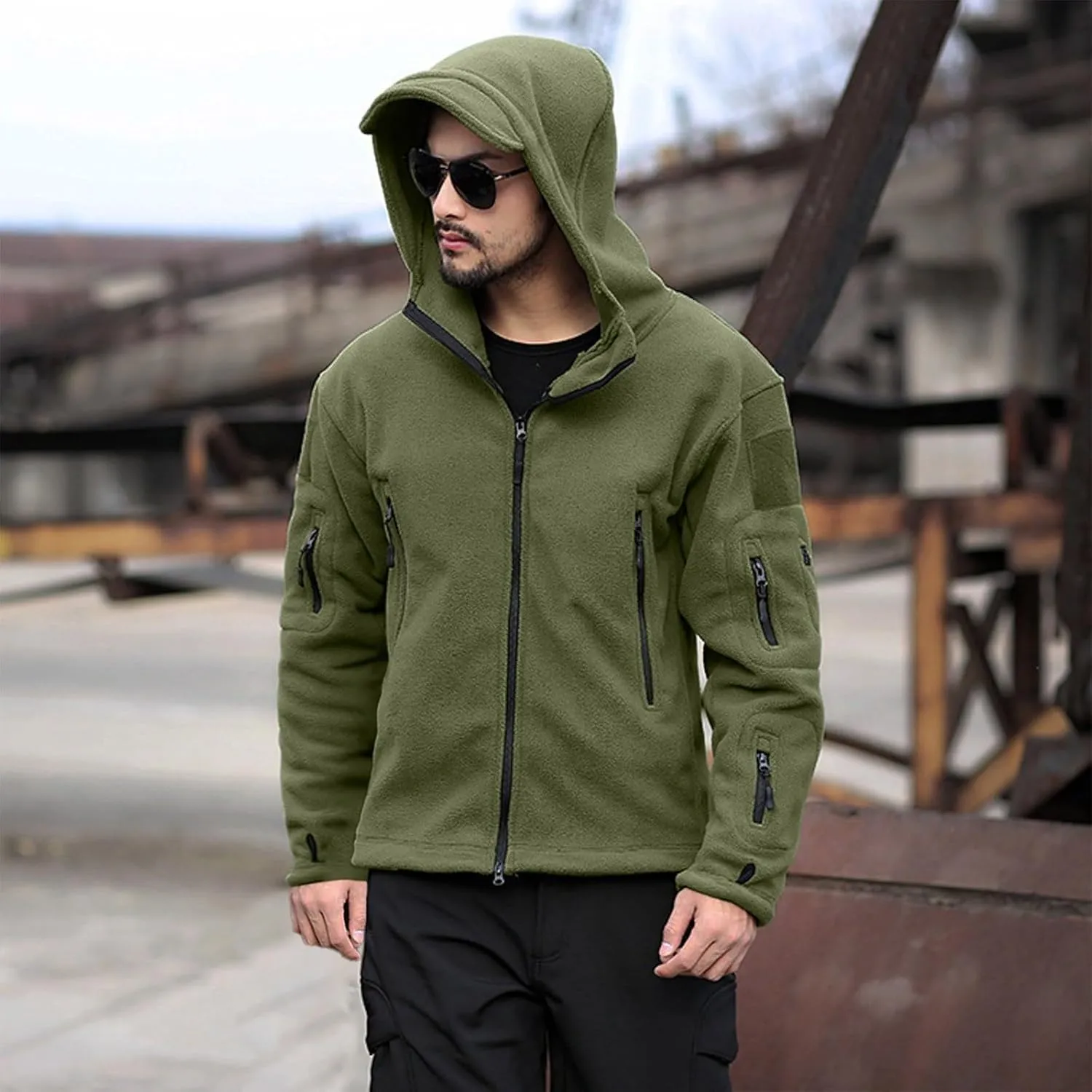 Men's Military Army Jacket Tactical Full Zip Fleece Hoodie Outdoor Hiking Sport Warm Coat Pocket with Zipper Fall Winter
