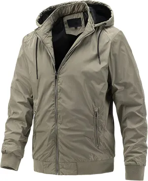 Men's Packable Hooded Bomber Jacket Lightweight Sportwear Zipper Windbreaker Business Casual Cotton Varsity Coat