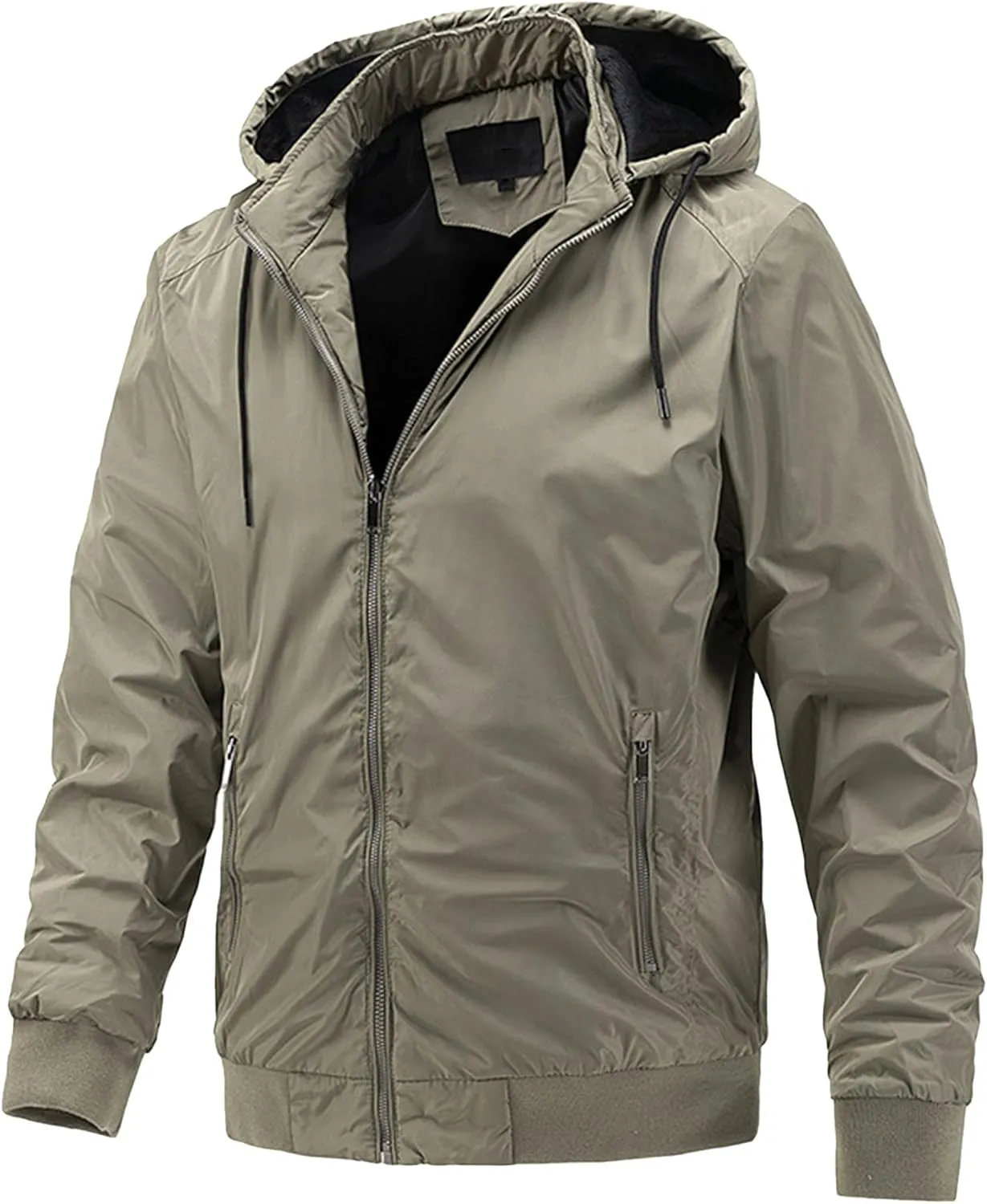 Men's Packable Hooded Bomber Jacket Lightweight Sportwear Zipper Windbreaker Business Casual Cotton Varsity Coat