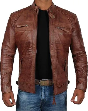 Men's Stand Collar Punk Leather Jacket Vintage Zip Up Moto Biker Winter Coats Thicken Motorcycle Bomber Jacket