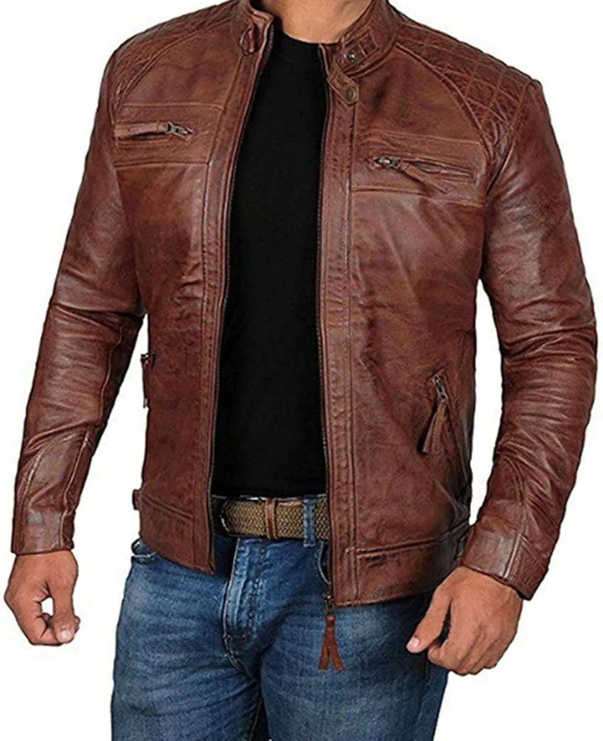 Men's Stand Collar Punk Leather Jacket Vintage Zip Up Moto Biker Winter Coats Thicken Motorcycle Bomber Jacket